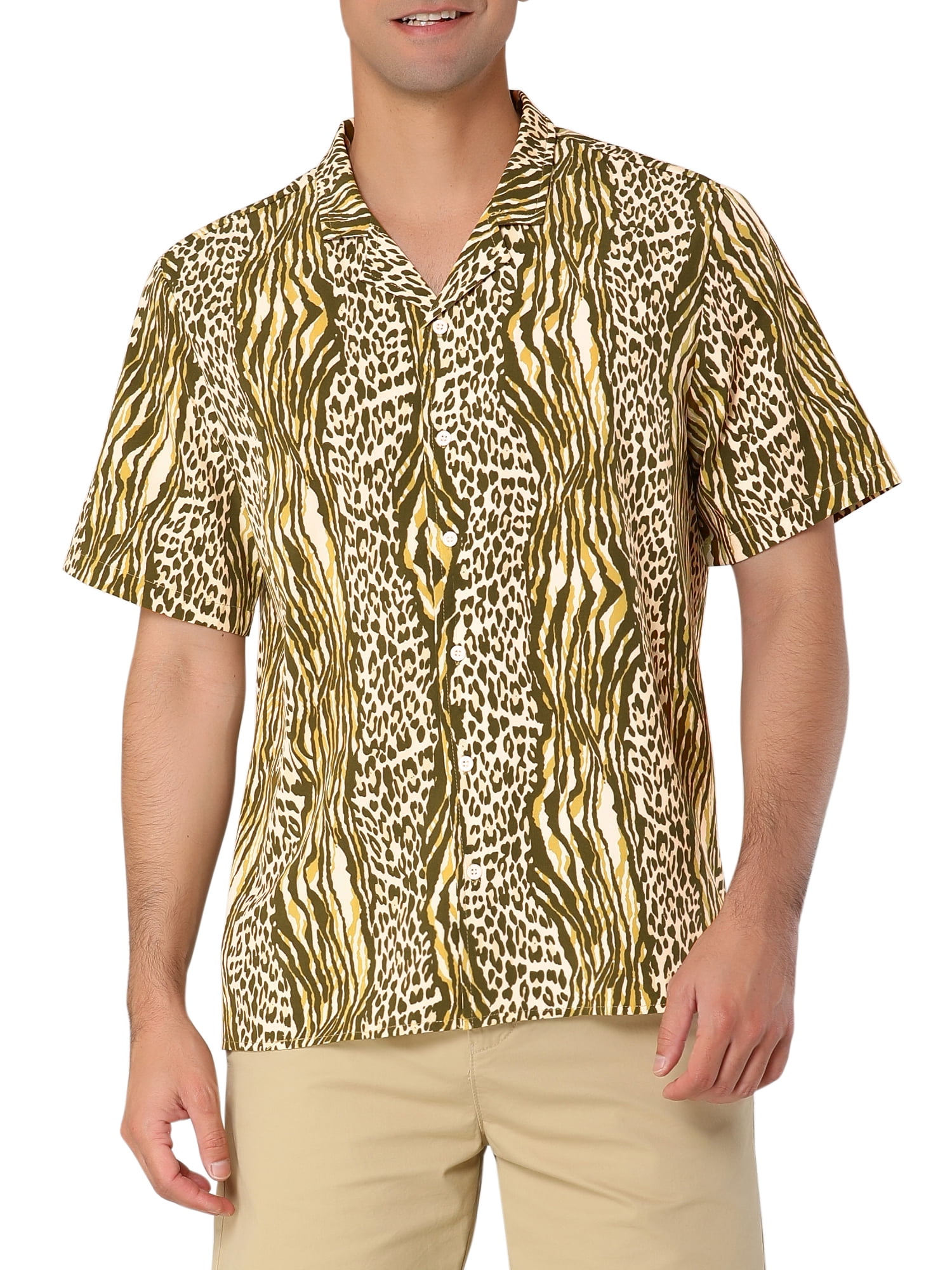 Unique Bargains Chemise de Plage à Manches Courtes Imprimée Léopard pour Hommes Été Jaune L