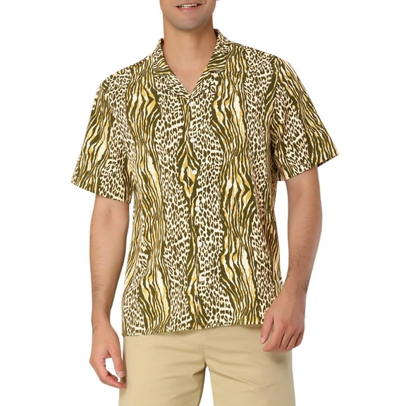 INSPIRE CHIC Men's Summer Leopard Printed Short Sleeves Button Down Beach Shirt Yellow S