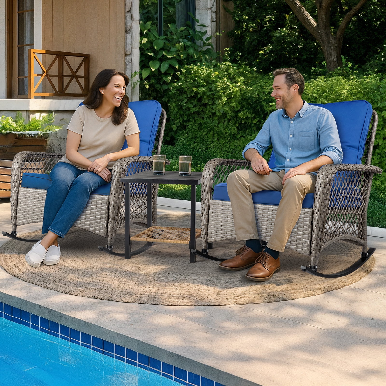 Ktaxon Outdoor Woven Rattan Rocking Chair with Blue Cushion, Large Wicker Patio Furniture, Grey and Blue