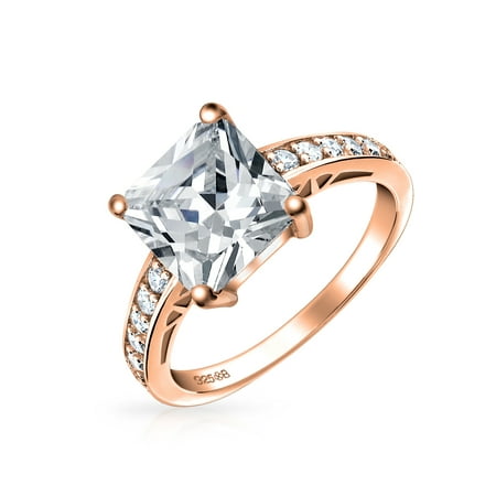 Cut Rose Cubic Zirconia Ring Pave Rose Gold Plated 925 Silver Princess Cut Engagement Ring 3 ct CZ with Engraving ()