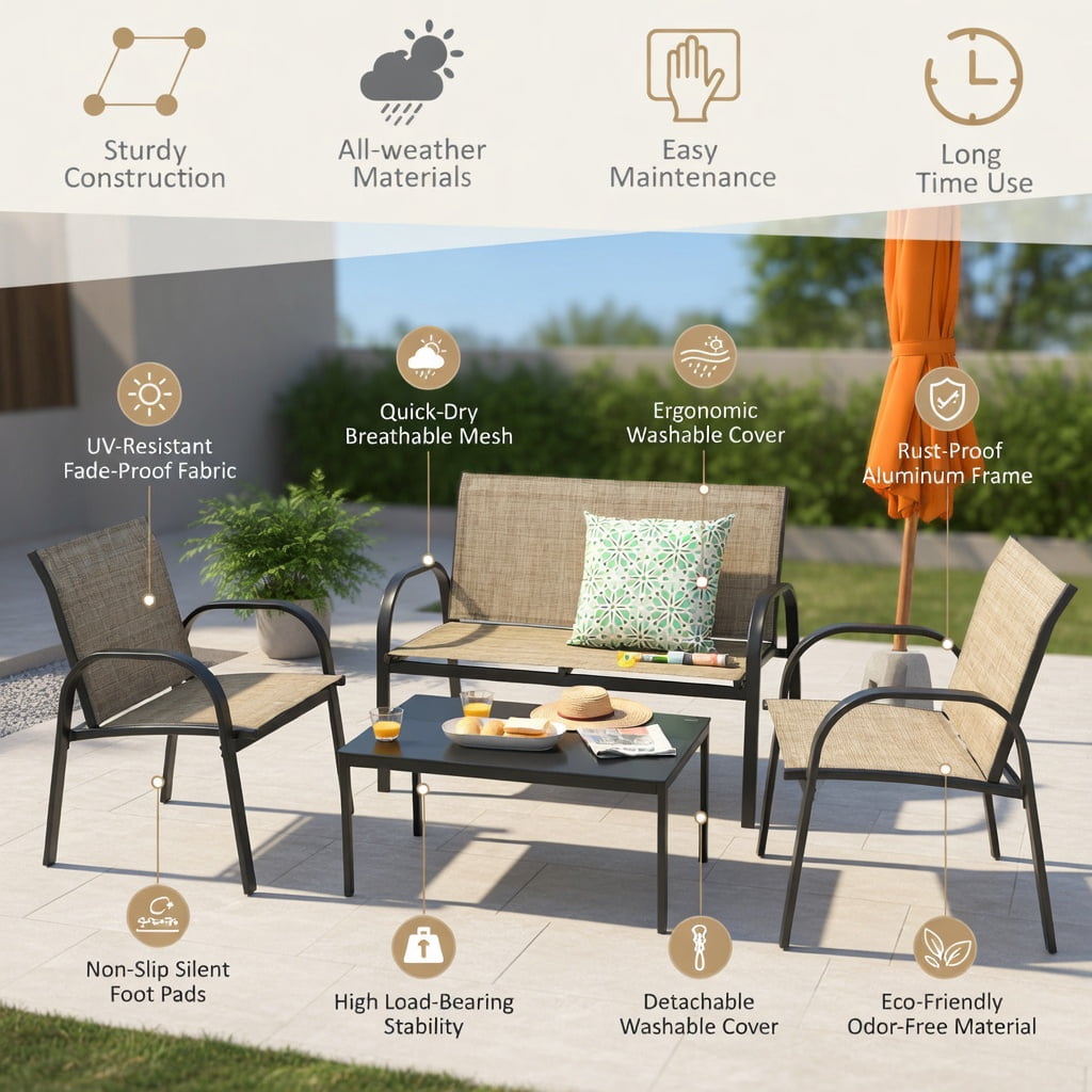 Hommoo 4-Piece Modern Outdoor Patio Furniture Set, Steel Frame Loveseat, 2 Single Sofas & Tempered Glass Top Coffee Table, Brown