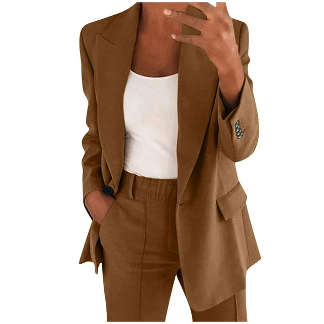 Kcodviy Women Two Piece Lapels Tan Linen Pants Women Suit Set Business Long Wedding Pant Suits Petite Sleeve Button formal Jacket Plus Rompers for Women Pant Suit Slim Loosetrouser Jacket Suit