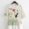 thumbnail image 4 of Xoenoiee Koi Fish Lotus Leaves Print Summer Linen Shirts for Women Button Down V Neck 3/4 Sleeve T-Shirt Blouse Casual Loose Basic Tunic Tops 2026, 2XL, 4 of 7