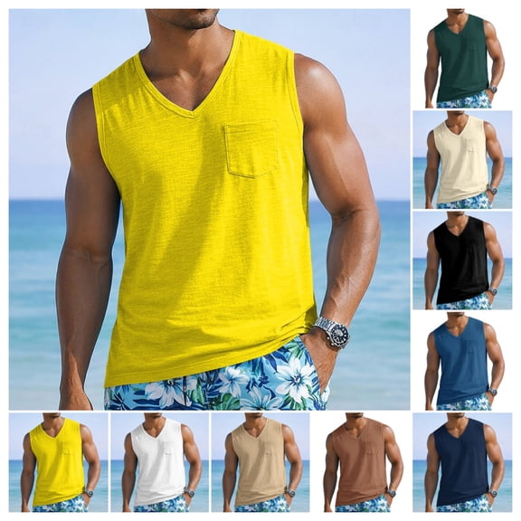 Mens Tank Tops Casual Stylish Sleeveless V Neck Tank Top Summer Wide Shoulder Strap Sports Running Basketball Classic Fit Vest Yellow S