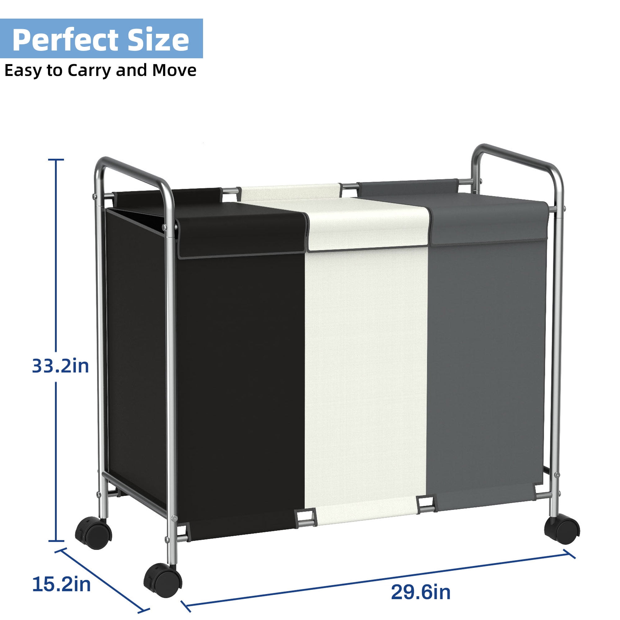 Nefoso 3 Section Laundry Hamper with Lid and Wheels, 150L Large Laundry Basket Sorter Cart with Handle, Clothes Storage, Multicolor