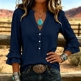 thumbnail image 6 of ClodeEU Women's V Neck 3/4 Sleeve Linen Blend Henley Button Blouse with Ruffle Cuffs ,Casual Loose Fit Vintage Top Navy,Women's Plus M, 6 of 6