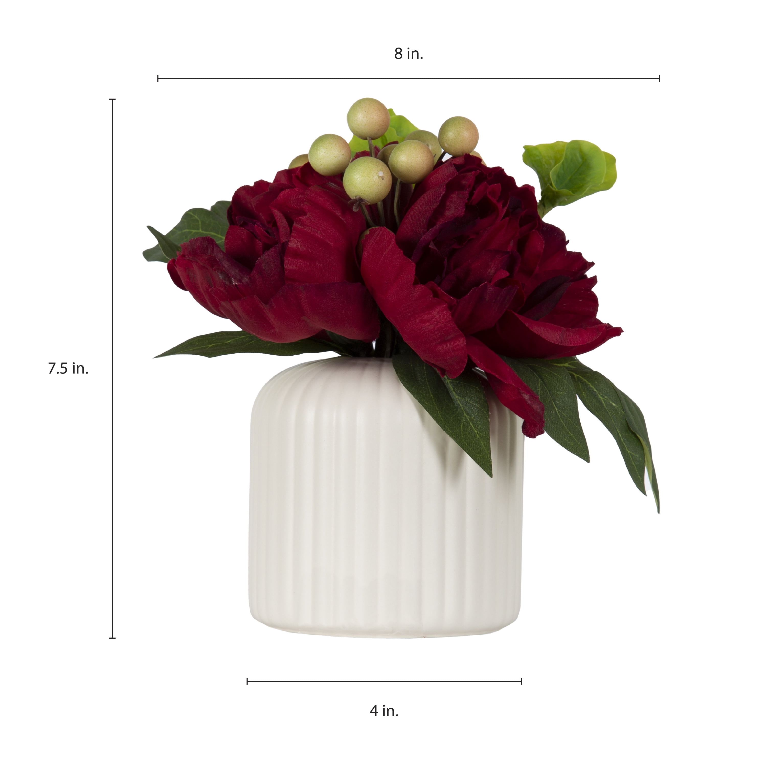 Better Homes & Gardens 7.5" Artificial Red Peony Flowers in Ribbed off-White Ceramic Vase