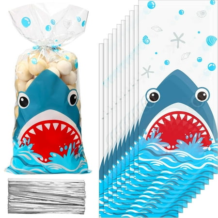 100 Pieces Shark PriNst Party Bags, 12.5 x 27.5 cm/ 4.9 x 10.8 Inch Shark Plastic Candy Bags Sea Birthday Goodie Favor with 100 Silver Twist Ties for Summer Ocean Party Supplies