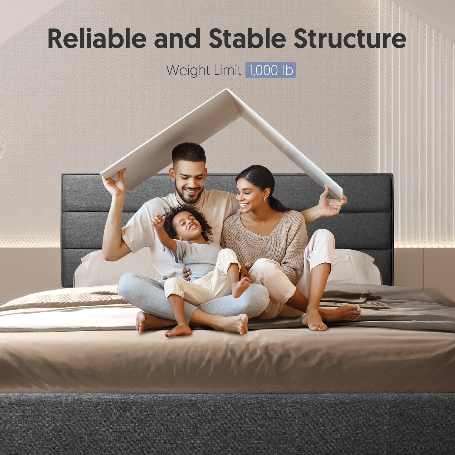 King Size Bed Frame Modern Horizontal Panel Upholstered Low Profile Platform with Tufted Headboard/No Box Spring Needed/No Bed Skirt Needed/Linen Fabric Upholstery, Grey
