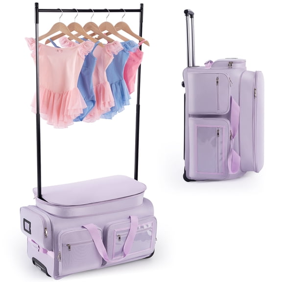 Dance Bag with Garment Rack, 28"Purple Wheeled Duffel Dance Bag with Rack Dance Costumes Rolling Garment Bags For Travel, Garment Duffle Bag For Dance Competition Travel Bag with Garment Rack
