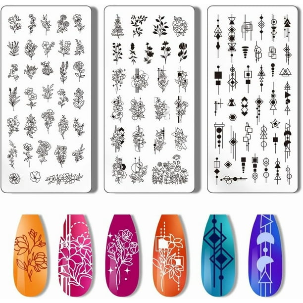 Juego de 3 placas para estampar uñas con diseño de plantas y flores. Plantillas para estampar uñas con puntas de acero inoxidable.