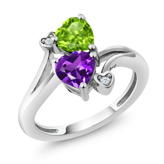 Gem Stone King 10K White Gold Purple Amethyst and Green Peridot Ring for Women (1.51 Cttw, Heart Shape 6MM, Gemstone Birthstone, Size 8)