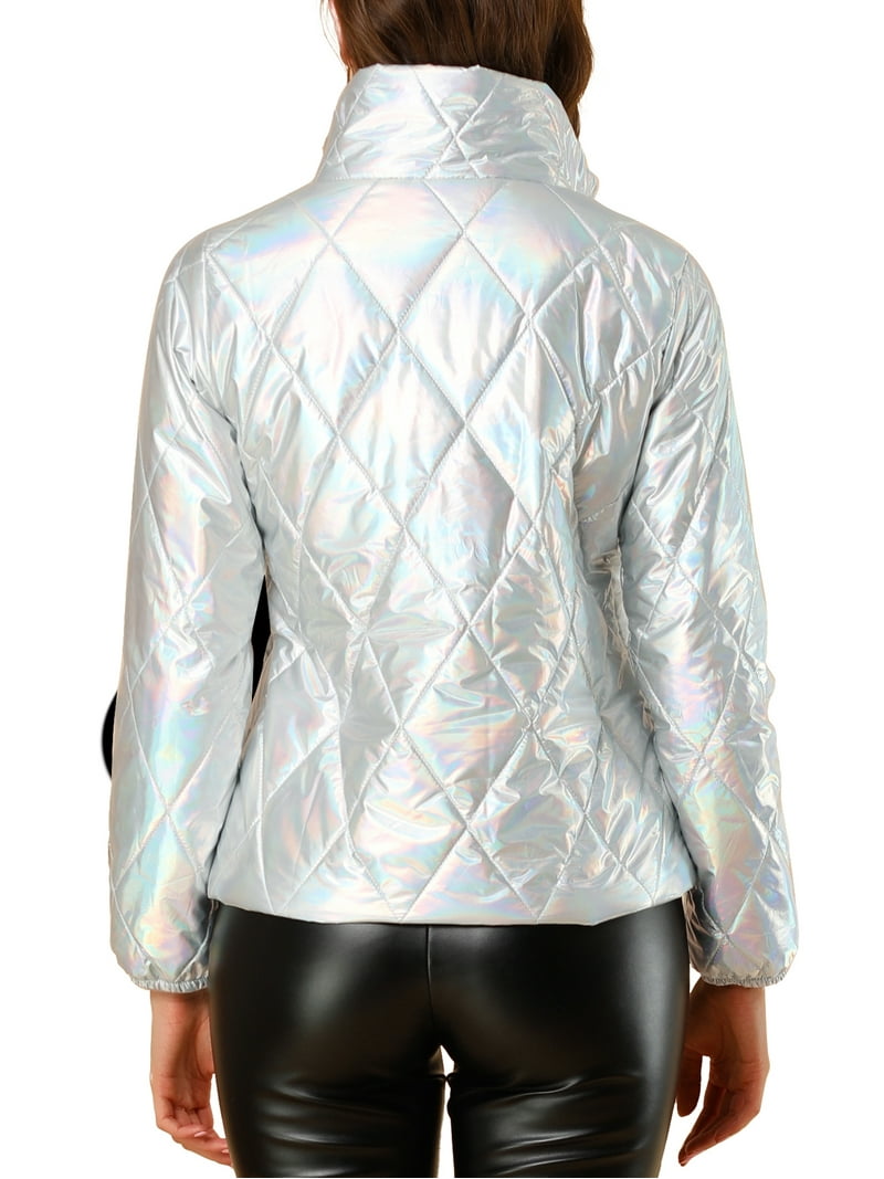Unique Bargains Women's Holographic Shiny Zipper Quilting