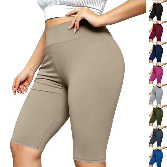 Women's Plus Size Yoga Workout Shorts, High Waist Butt Lifting Elastic Waistband, Solid Active Shorts for Running Gym Training | TruHer,Beige 2XL