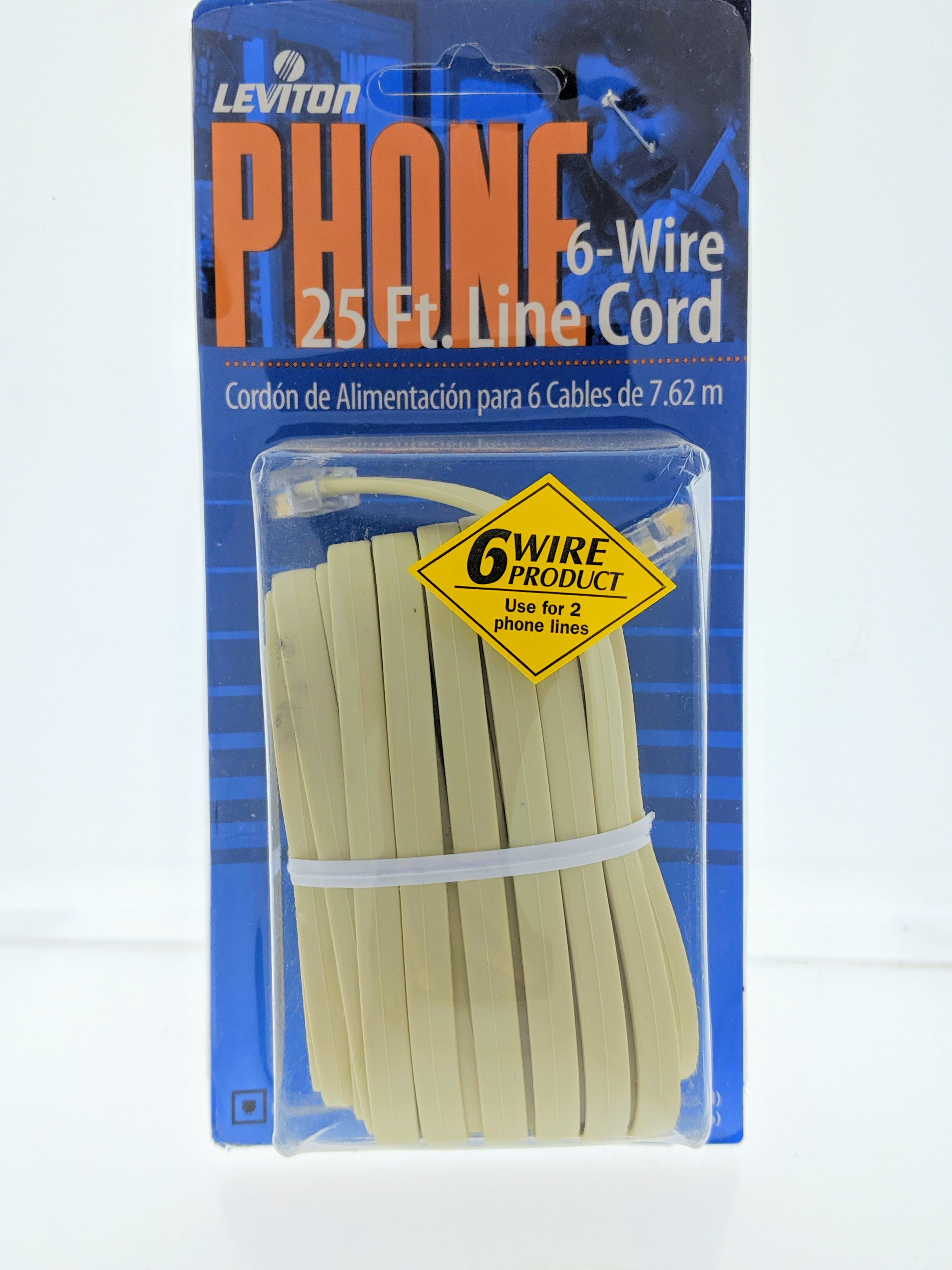 Leviton Ivory 25 Ft Flat Phone Cord Wire Telephone Line 6Wire Modular