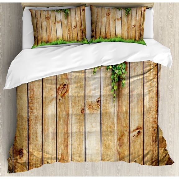 Rustic King Size Duvet Cover Set, Fresh Spring Season Grass and Leaf Plant over Old Wood Fence Garden Field Photo, Decorative 3 Piece Bedding Set with 2 Pillow Shams, Green Brown, by Ambesonne