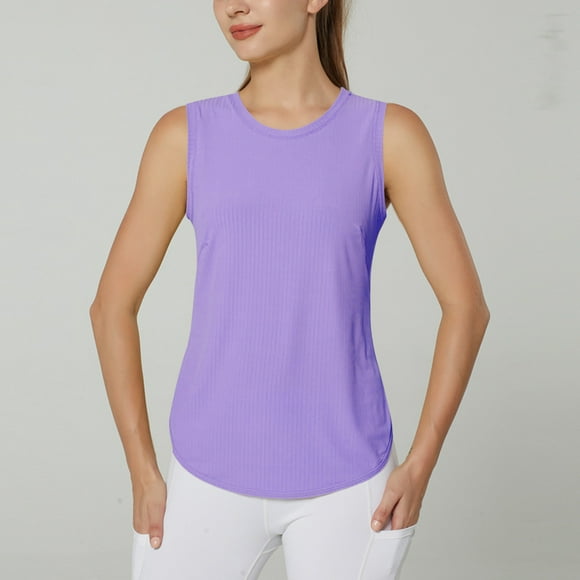 Womens Tops Dégagement Moins de 10 $ Femmes Col Rond Solide Gilet Sans Manches Yoga Sport Gilet T-Shirt Top Violet XL