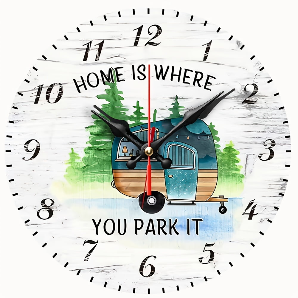 2D Flat Wooden Wall Clock A Camping Wall Clock an Attractive Scene Decoration for Your Parking Space at Home Suitable for The Living Room Office - AA Battery Not Included