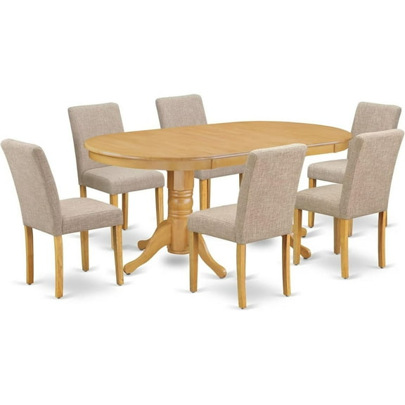 7 Piece Dining Set - Oval Table with Leaf & 6 Linen Upholstered Chairs - Oak Finish