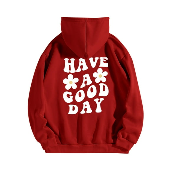 Aocisk Women's Fashion Slogan Print Hoodie Long Sleeve Drop Shoulder Drawstring Pullover Sweatshirt Red S