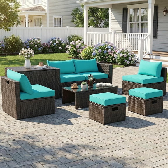 Topcobe 8-Piece Outdoor Wicker Furniture Set with Storage Box, Modern Patio Furniture Set