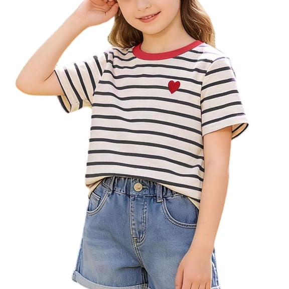 Posijego Girls Cotton T-Shirts Striped Print Short Sleeve Summer Tops for Toddler Girls Crew Neck Basic Tee Shirts