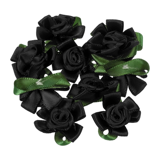 Uxcell Mini Satin Ribbon Roses Small Rosettes Fabric Flowers with Green Leaves Black 20 Pcs