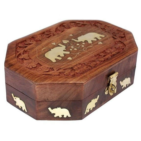 Handmade Wooden Jewellery Box for Women Jewel Organizer Elephant Décor, 7 x 5 inches