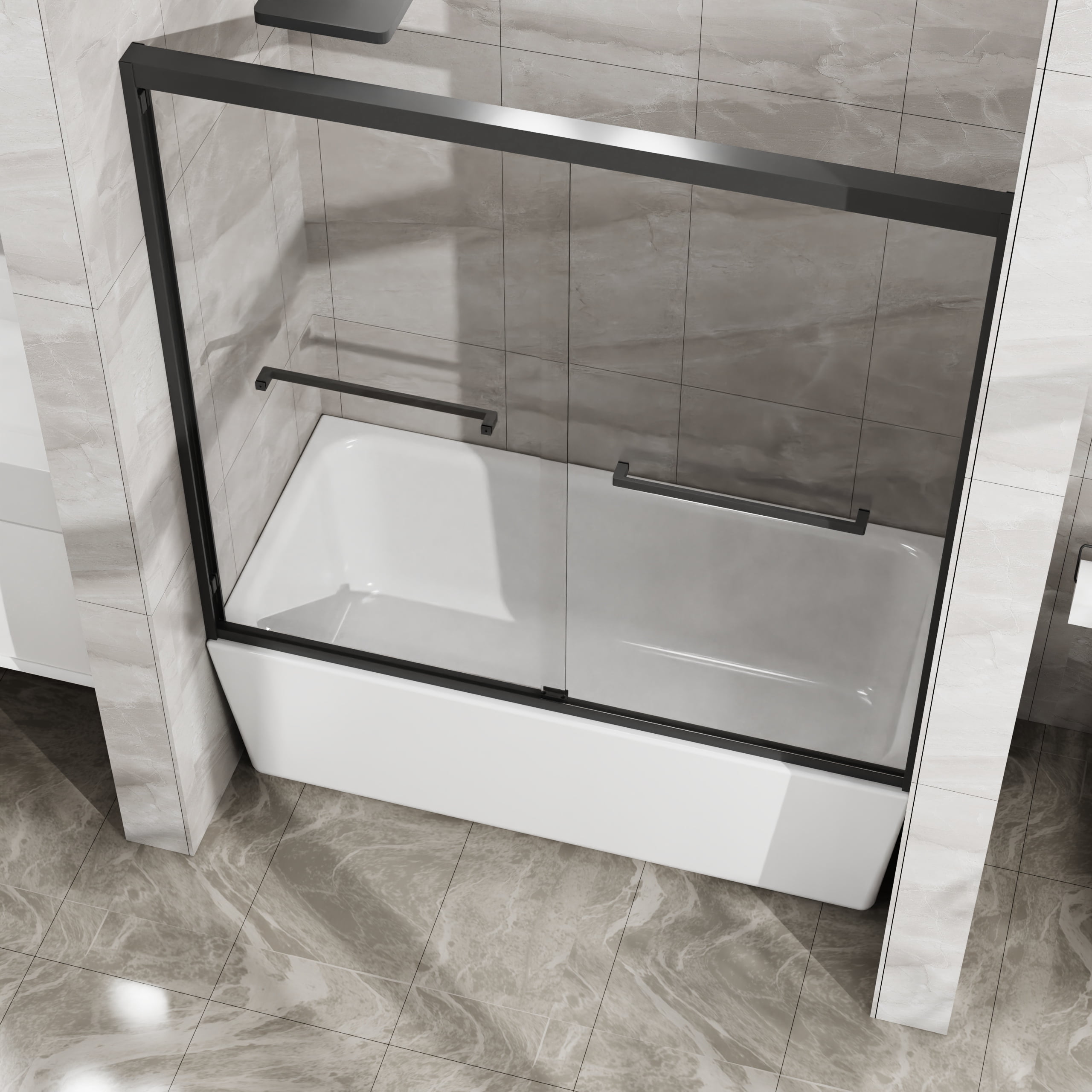 Leumius Double Sliding Bathtub Shower Door 60 in. W x 58 in. H Aluminum Framed Shower Enclosure for Tub with SGCC Clear Tempered Glass, Stainless Steel Hardware, Matte Black