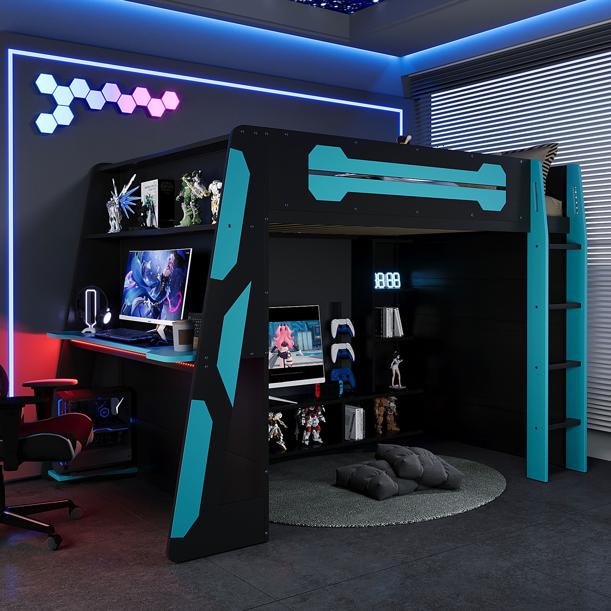 Mintazer Esports Full Size Loft Bed Frame with Gaming Desk & RGB Lights, Gaming Loft Bed with Open Storage Shelves & Charge Station for Teen Boys Bedroom, Blue