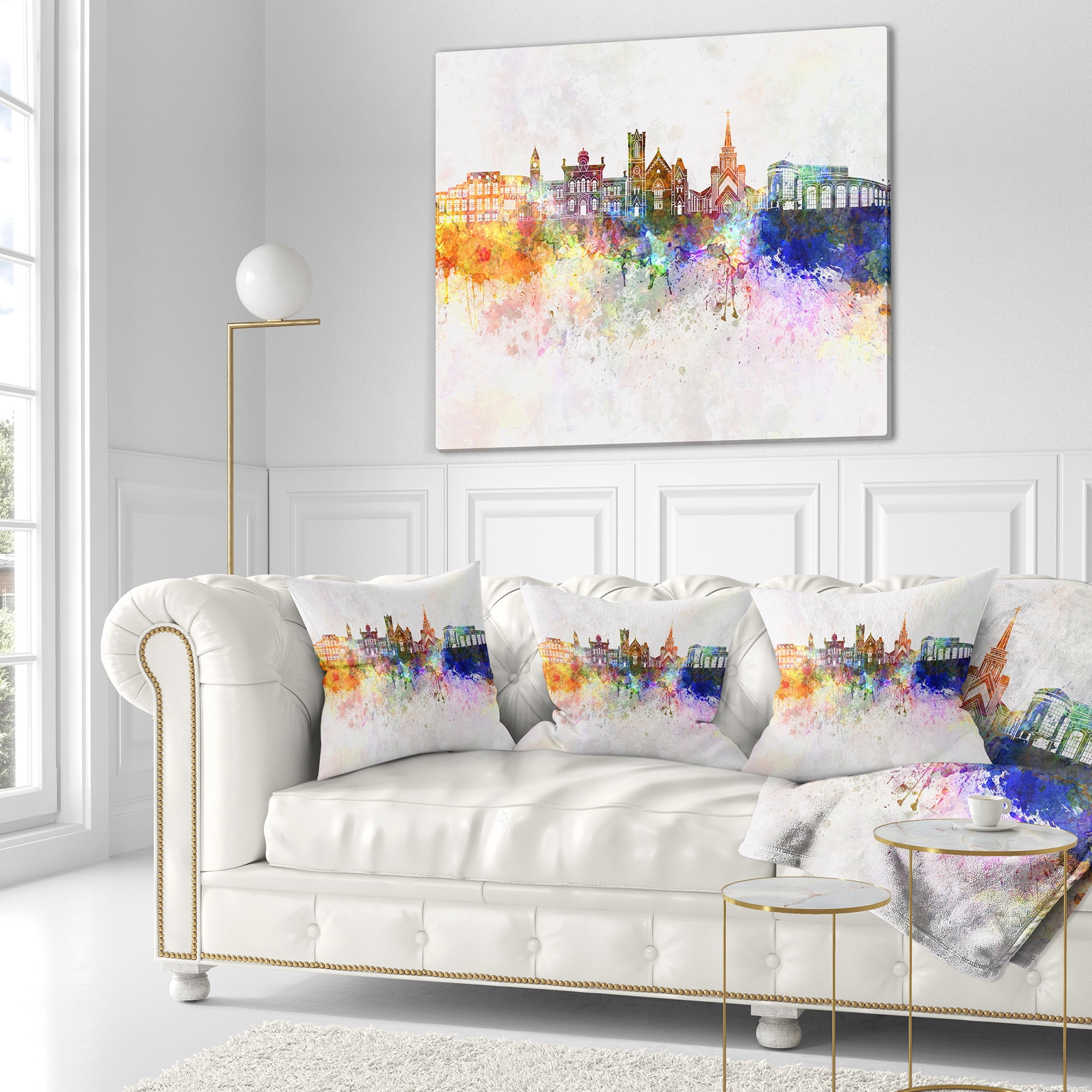Designart Colorful Brampton Skyline - Cityscape Painting Throw Pillow - 18x18