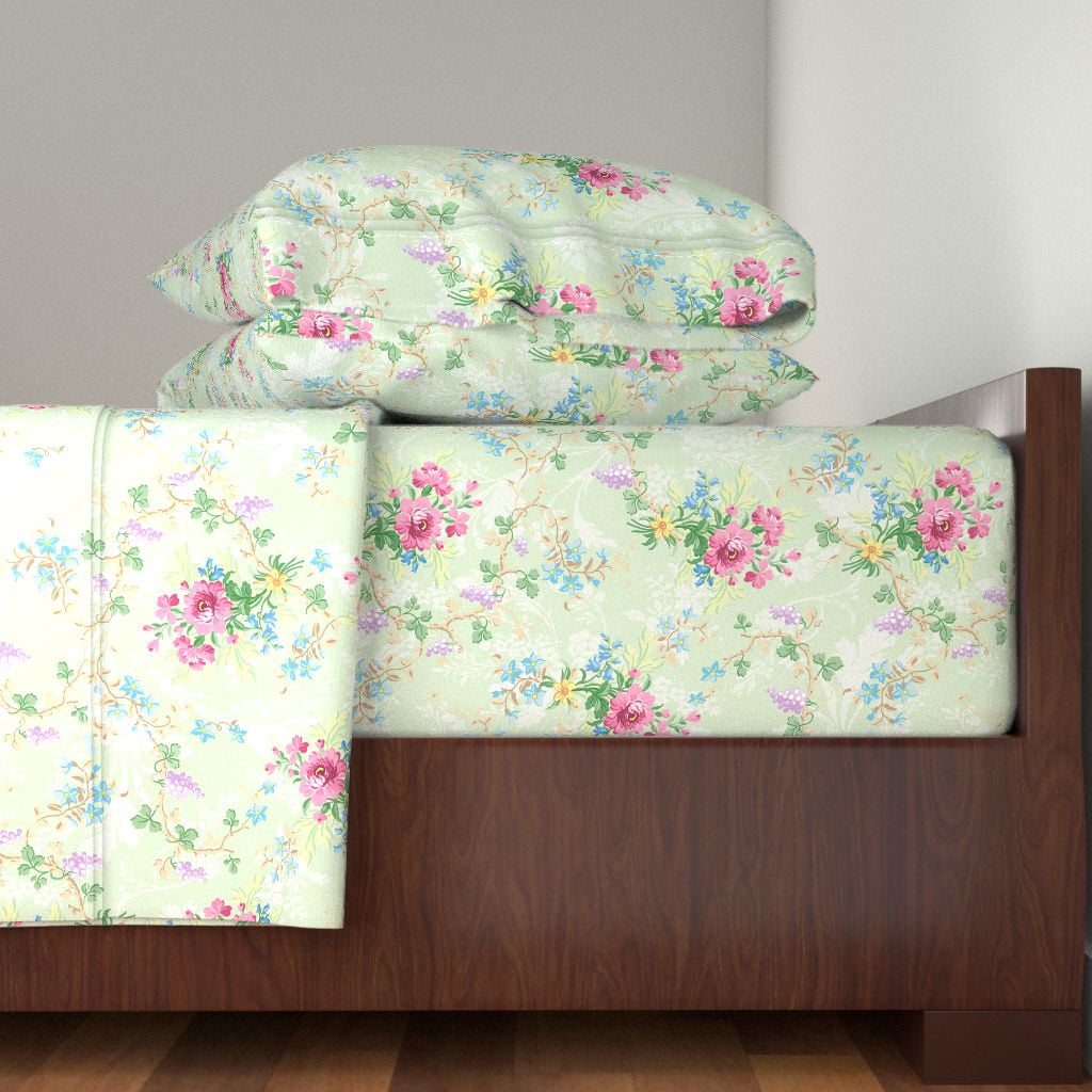 Vintage Floral Spring Garden Botanical 100% Cotton Sateen Sheet Set by