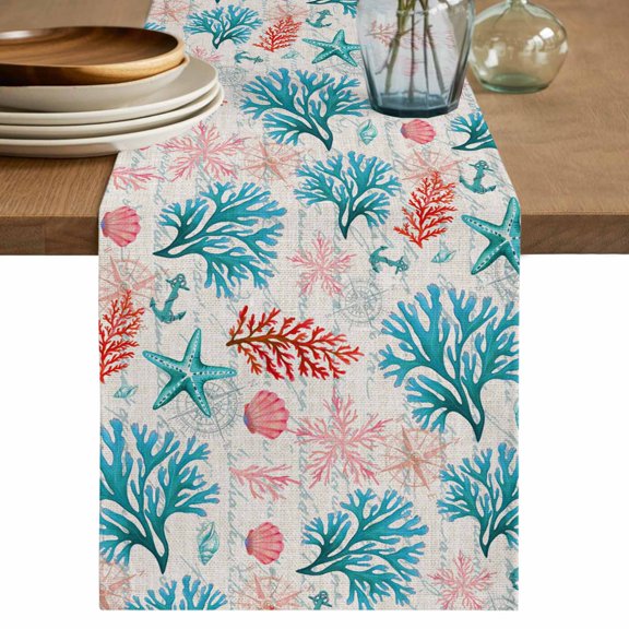 Table Runner 48 Inches Long for Kitchen Dining, Teal Blue Red Coral Dresser Scarf Farmhouse, Dining Table Decorations for Wedding/Parties, Coastal Nautical Summer Beach 13 x 48 In