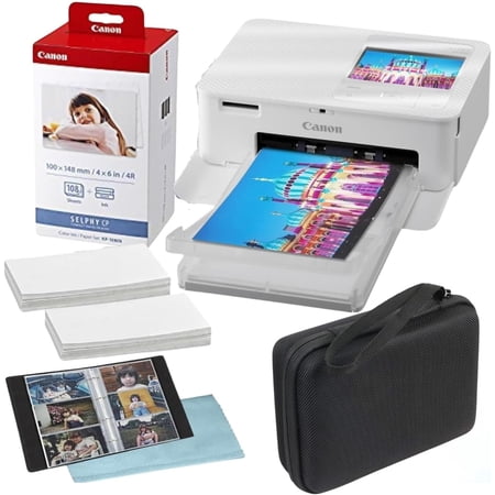 Canon Selphy CP1500 Wireless Compact Photo Printer Bundle - White, KP-108IN Color Ink & Paper Set, Deluxe Photo Album, Protective Hard Case & Cleaning Cloth