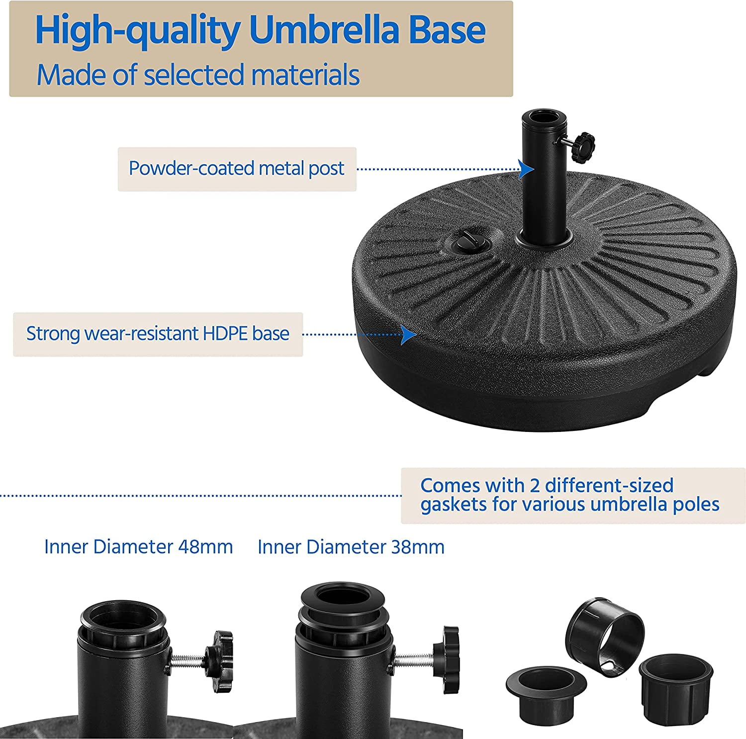 JessieMal Umbrella Base 85.7lbs Round Water & Sand Filled Patio Outdoor Umbrella Stand with Steel Umbrella Holder Suit for Dia 1.5'' or 1.9'' Umbrella Pole, Black