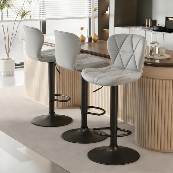 Bar Stools Set of 3, Faux Leather Upholstered Swivel Barstools, Seat Height 24.8"-33.46" Adjustable for Kitchen Island Grey