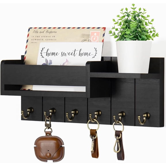 Homaryx Wooden Key Holder Wall Mount with Mail Organizer, 6-Hook Key Rack with Shelf for Entryway, Living Room, Rustic Farmhouse Decor Black