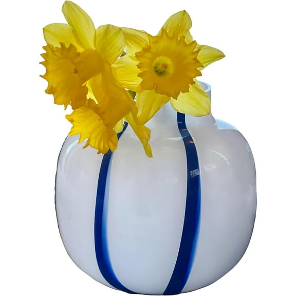 Coastal Blue and White Round Vase, Pomegranate Shape, Stripes, Glass, 7 Inches, Murano Style