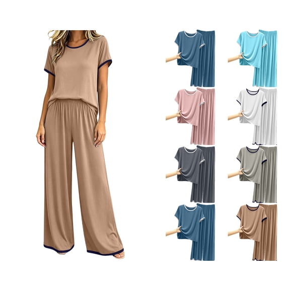 Nugftut Womens Pajama Set Short Sleeve Long Pants 2 Piece Summer Fall Lounge Soft Comfy Pjs Set Sleepwear