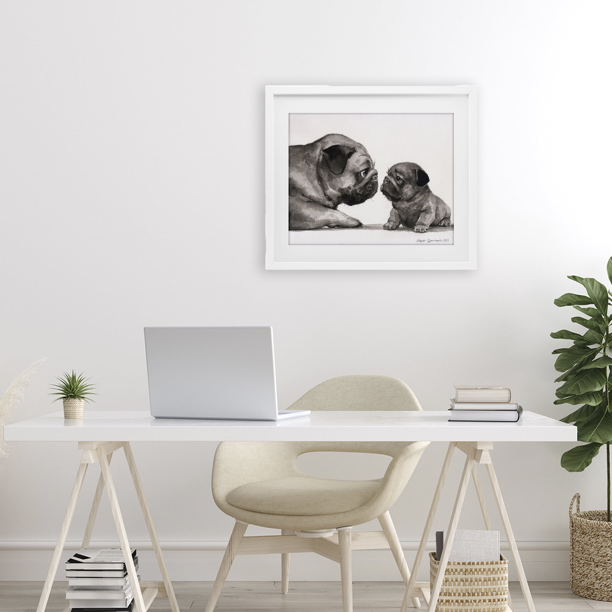 Stupell Industries Pug And Her Puppy White Framed Print Under Glass, design by George Dyachenko