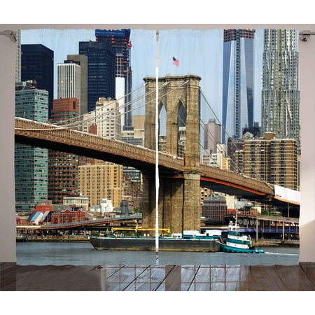 Elegant Coastal Living Rooms Urban Curtains 2 Panels Set, Skyline of Brooklyn New York USA Cityscape Bridge Buildings and River Coastal Scenery, Window Drapes for Living Room Bedroom, 108W X 84L Inches, Multicolor, by Ambesonne ()