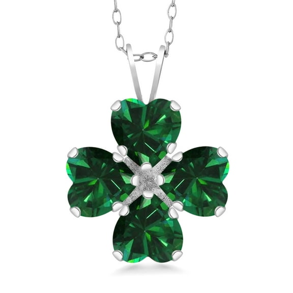Gem Stone King 925 Sterling Silver Green Nano Emerald 4 Heart Shape Gemstone May Birthstone Pendant Necklace for Women (2.72 Cttw, 6MM Heart, with 18 inch Silver Chain)