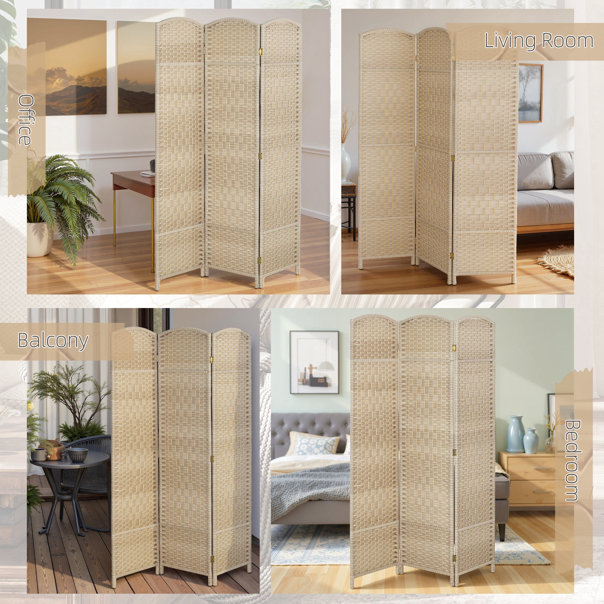 HOMCOM 3 Panel Room Divider, 6' Tall Folding Privacy Screen, Woven Freestanding Wood Partition for Home Office, Bedroom, Washed Oak