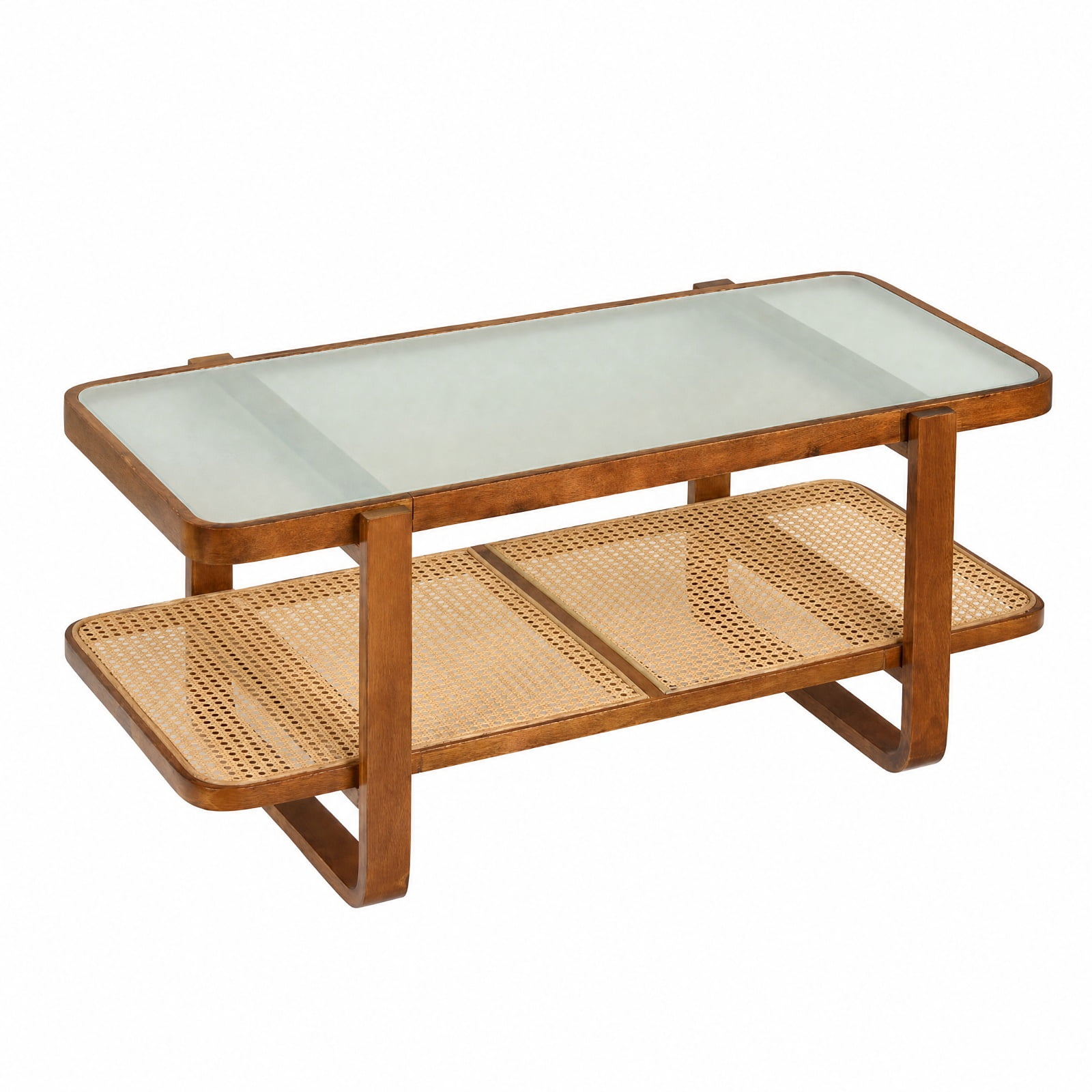 Furnibear Rattan Coffee Table with Frosted Tempered Glass Top and Storage Shelf for Living Room 2 Tier Center Table, Walnut