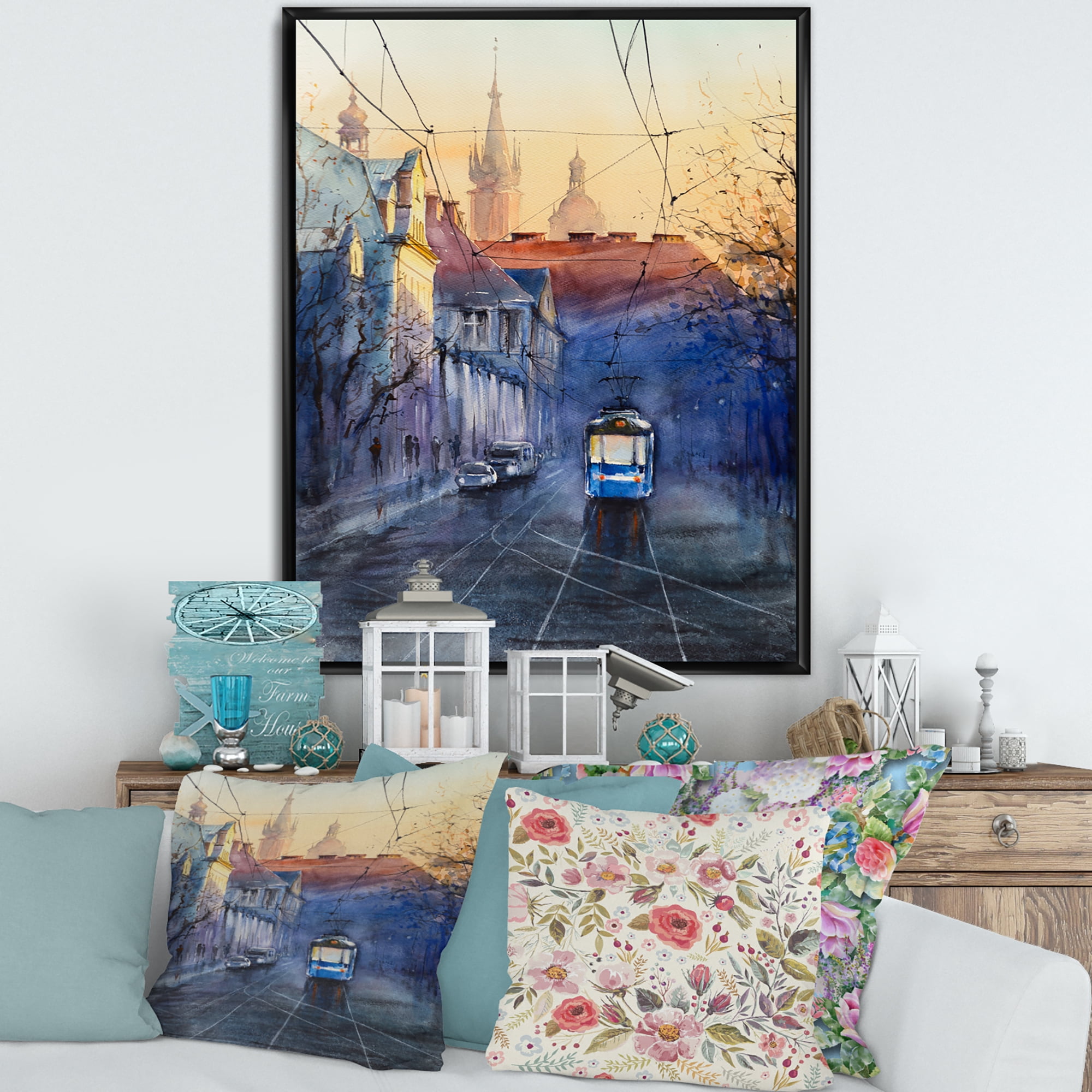Designart 'Blue Tram At Sunset With Church During Sunset Cityscape' Nautical & Coastal Framed Canvas Wall Art Print