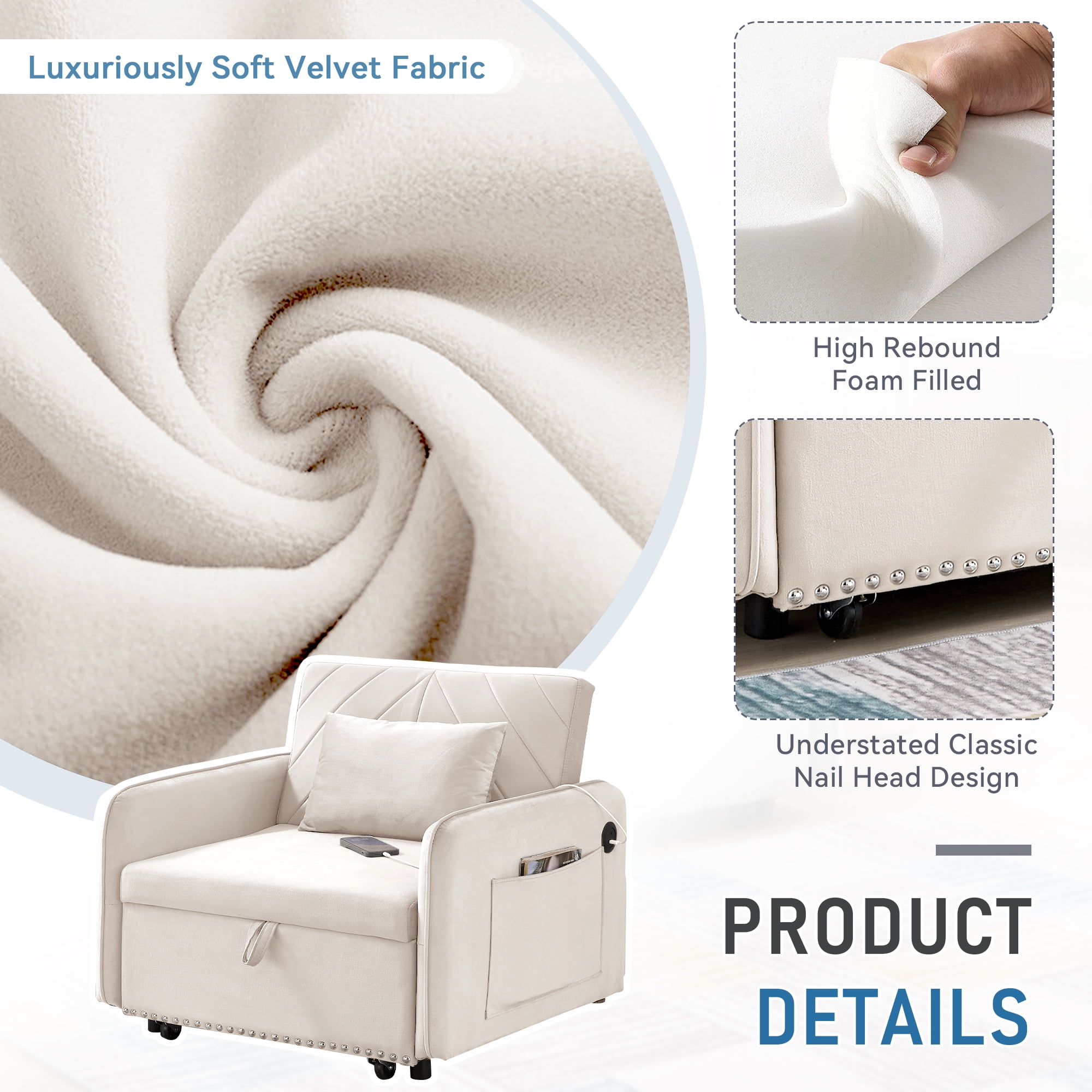 Lunale 3-in-1 Convertible Sleeper Chair Bed, Indoor Lounge Chair with USB/Type-C, Beige Velvet