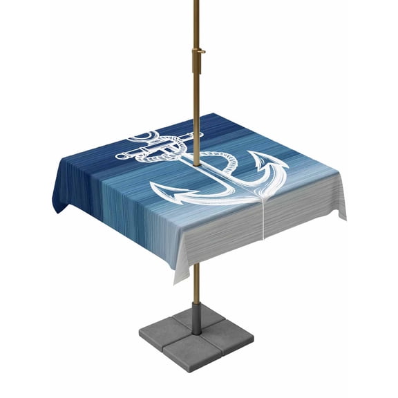 Outdoor Tablecloth with Umbrella Hole, Nautical Anchor Navy Blue Spillproof Waterproof Outdoor Table Cover, Coastal Ocean Ombre Striped Patio Tablecloths for Party/Garden/Picnic, Square 60"x60"