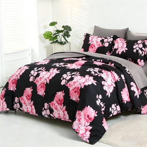 Flymme Black Comforter Set with Sheets 7-Piece Queen Size Bed in a Bag Pink Floral Print Bedding Set for Women Bedroom Decor