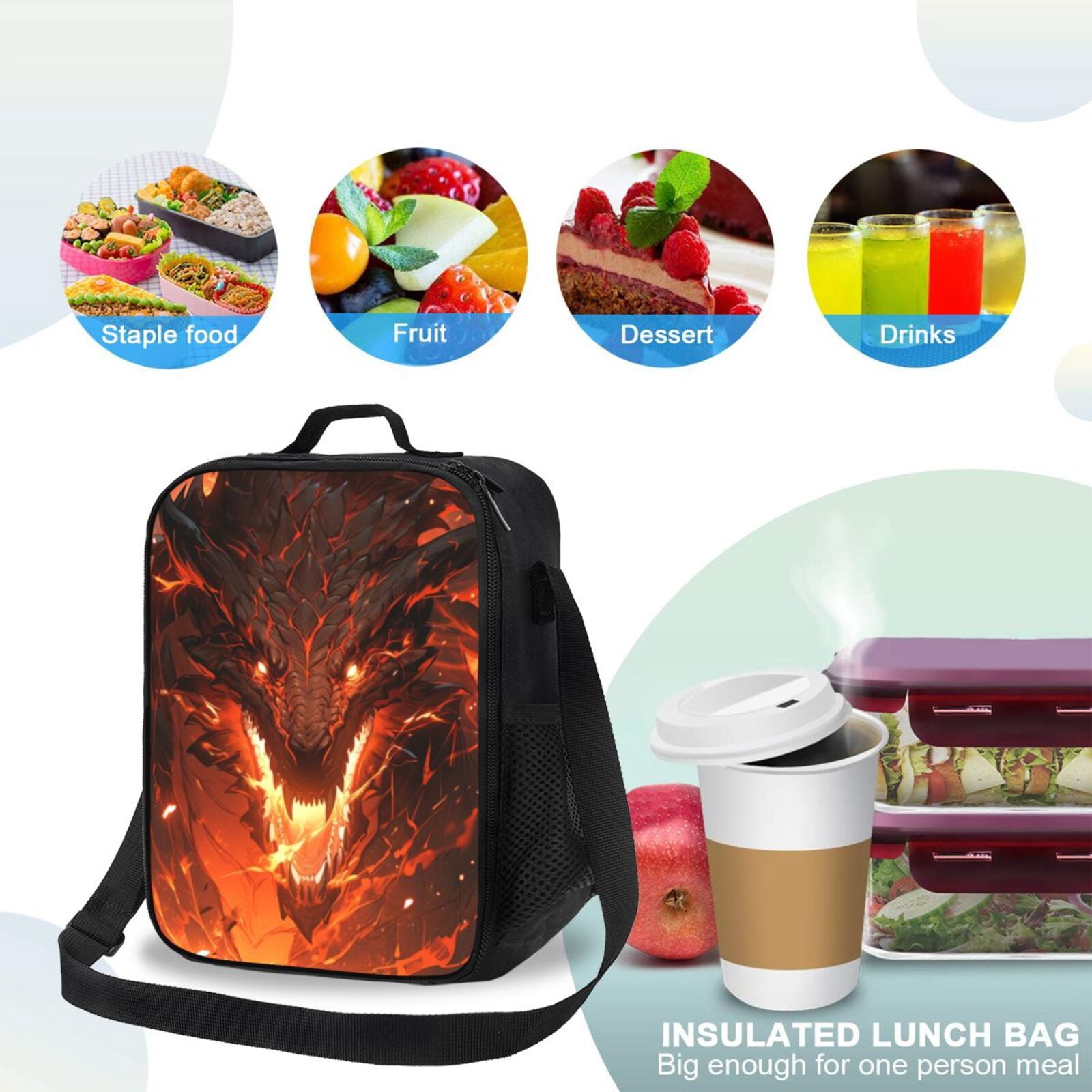 Rateoe Magma Fire Black Dragon Lunch Bag Reusable Lunch Box with Shoulder Straps for Men Women Insulated Portable Lunchbox for adults Suitable for School Work Picnic
