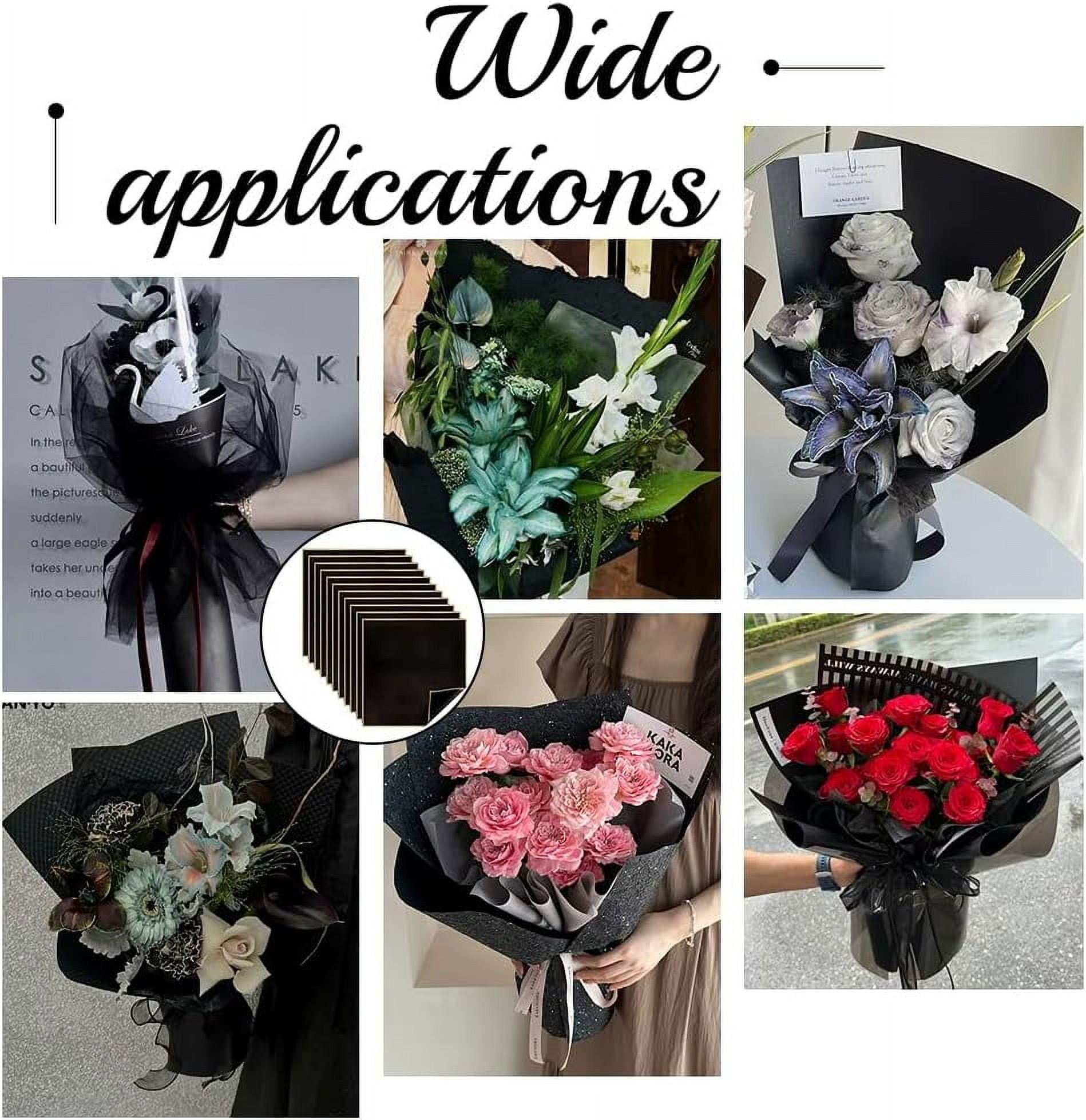 PH 22x21 Inch Flower Wrapping Paper 30 Sheet Florist Bouquet Supplies Black Waterproof Wrapping Paper Flower Decoration Lace Ribbon for DIY Crafts Gift Box Packaging 10 Yards Gold